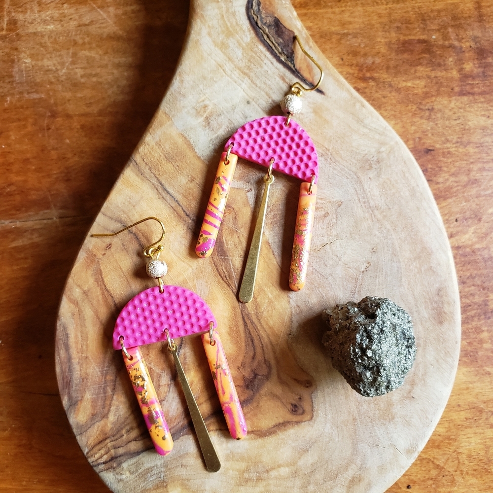 Handmade Hot Pink x Orange Clay & Brass Dangling Earrings